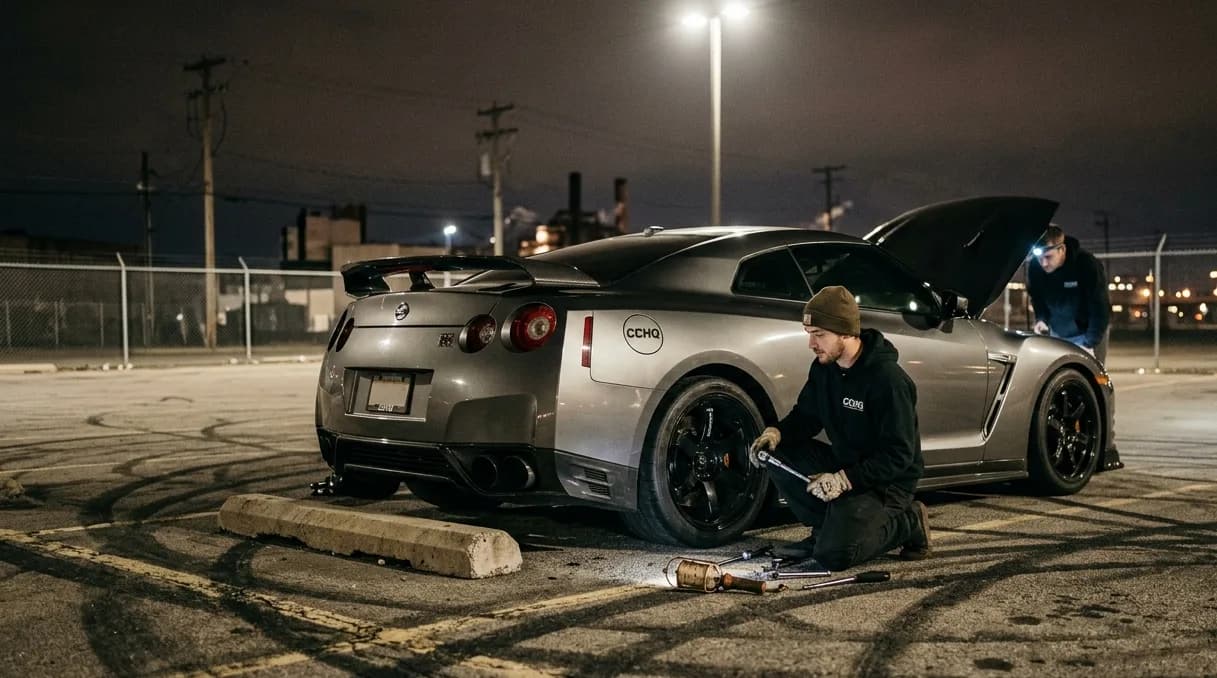 Modified performance sports car parked under streetlights at night on asphalt marked with tire burnout tracks