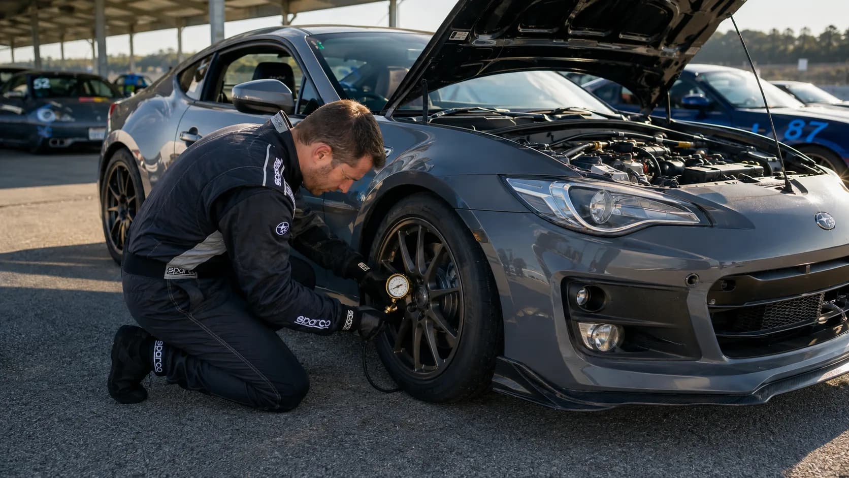 An automotive enthusiast in racing gear kneeling beside a modified sports car with a tire pressure gauge in a busy racetrack paddock.