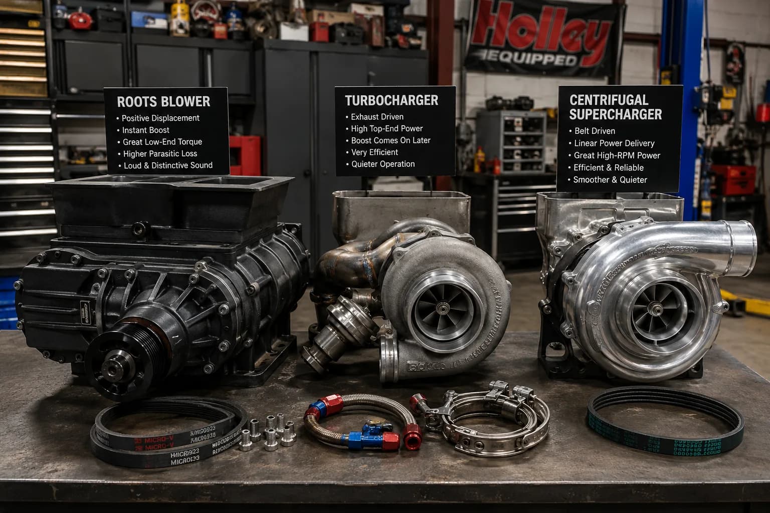 Roots supercharger, centrifugal ProCharger, and turbocharger displayed side-by-side on a workshop bench in a performance garage