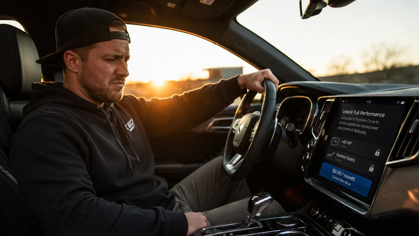 Close up of a car driver in a modern vehicle looking at a digital infotainment display showing a locked feature subscription payment prompt.