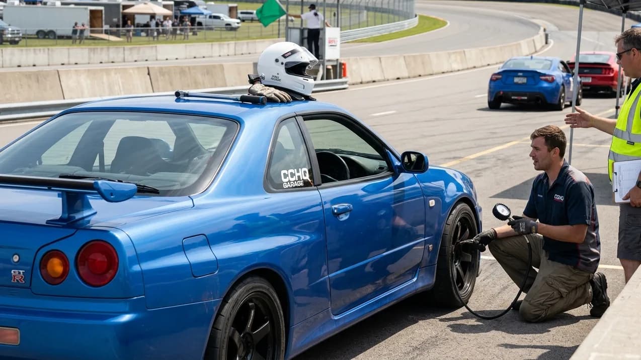 Driver checking tire pressure on a performance car in the racetrack paddock before an HPDE track day session