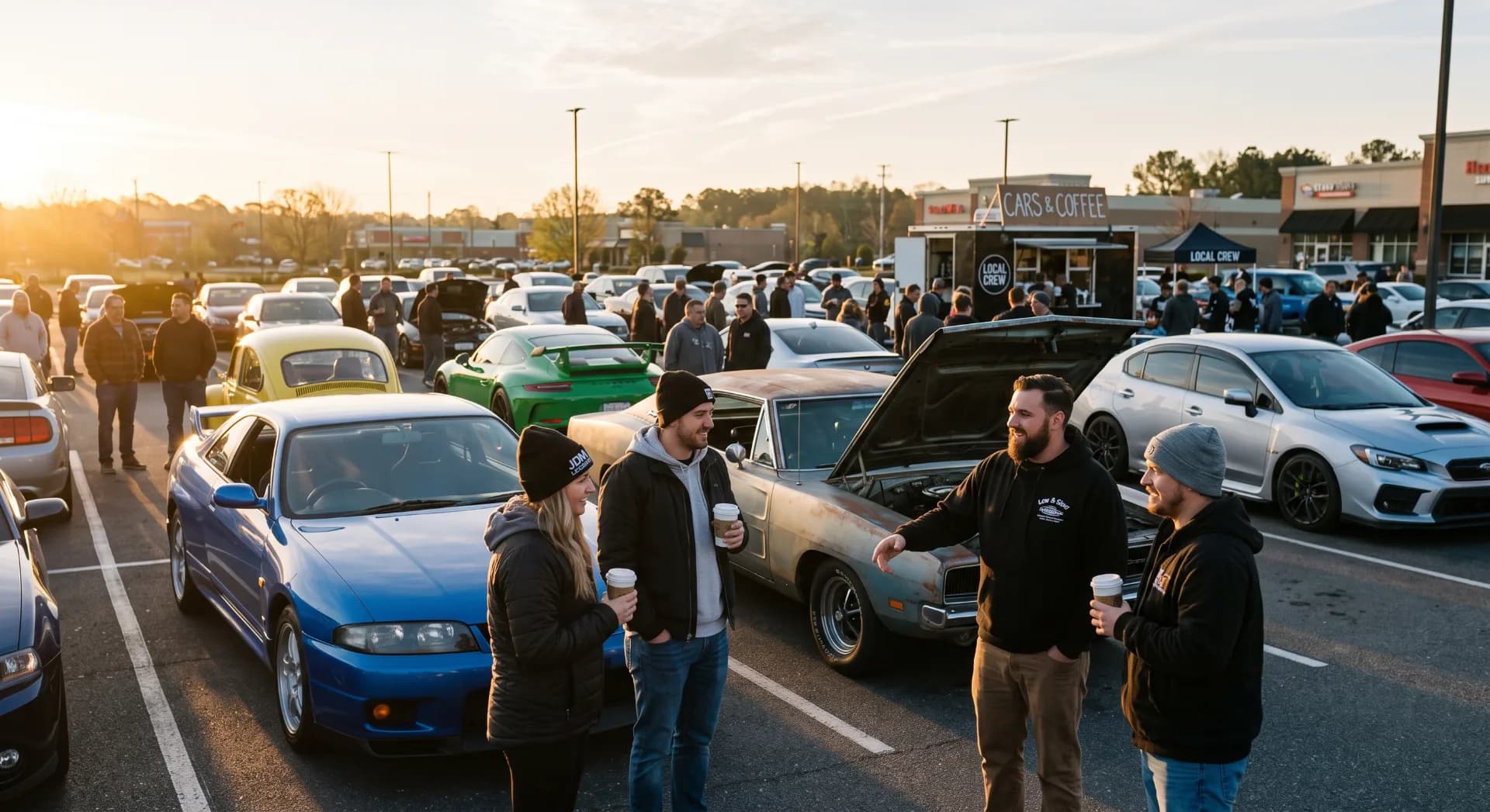 Enthusiasts holding coffee cups talking next to modified sports cars and classic builds in a parking lot during sunrise.