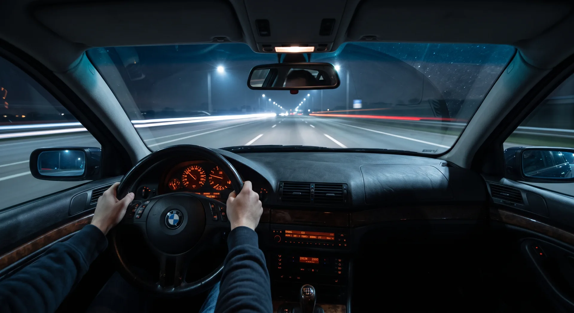 Driver viewpoint from inside a vintage cockpit cruising down an empty, illuminated asphalt highway at night.