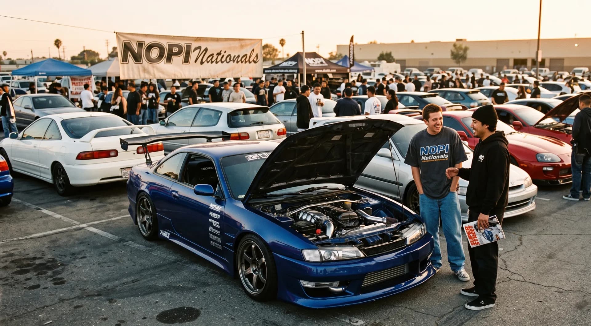 A outdoor car show at sunset featuring 1990s Japanese tuner cars with open hoods, custom body kits, and young enthusiasts chatting in an asphalt parking lot.