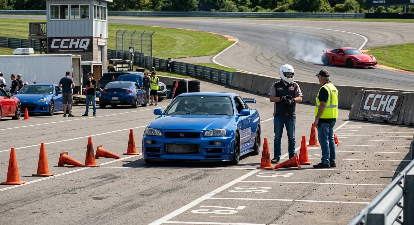 Modified sports car prepped in the paddock staging lane for autocross and track day testing