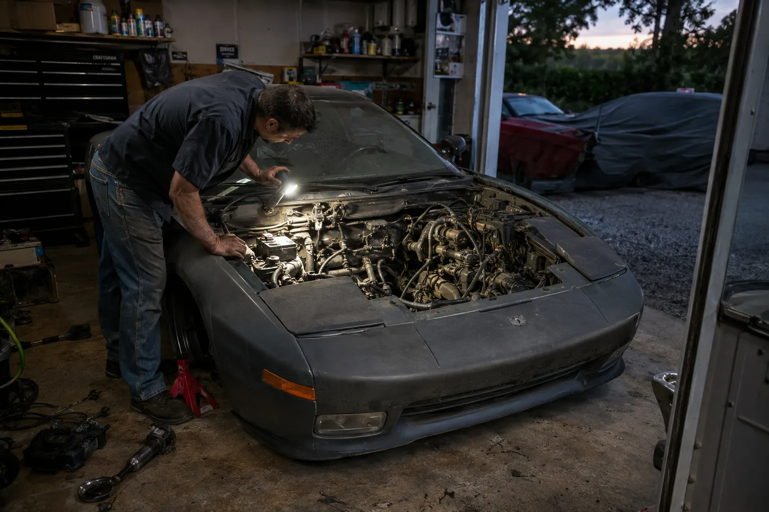 An automotive buyer shining a work flashlight into the dusty engine bay of a classic project car sitting on jack stands in a home garage.