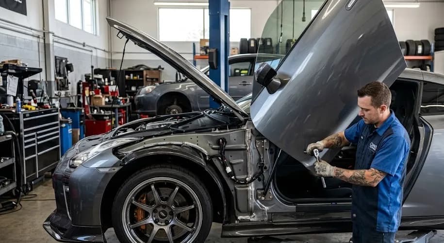 Custom street car undergoing vertical door hinge installation inside a professional mechanic shop