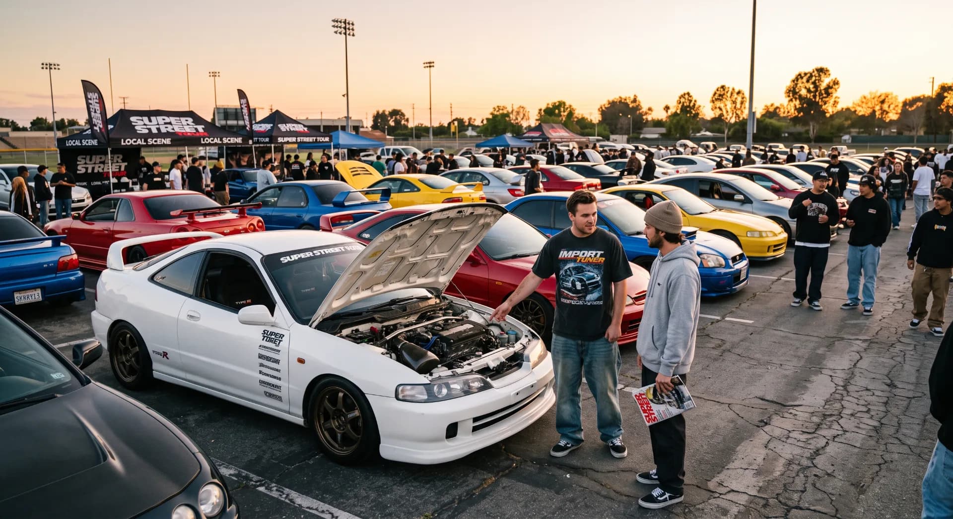 An energetic outdoor stadium parking lot car meet during golden hour filled with modified 1990s and 2000s tuner cars and groups of enthusiasts hanging out.