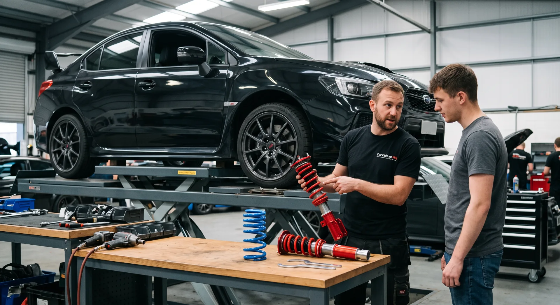 Aftermarket lowering spring and adjustable coilover strut sitting on a garage workbench next to a car on a lift.