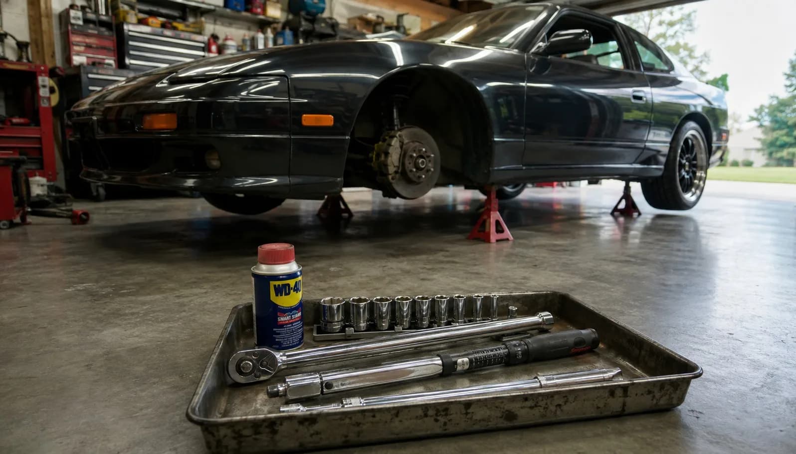 Core mechanic hand tools including a ratchet, metric sockets, breaker bar, and torque wrench laid out near a car on jack stands.