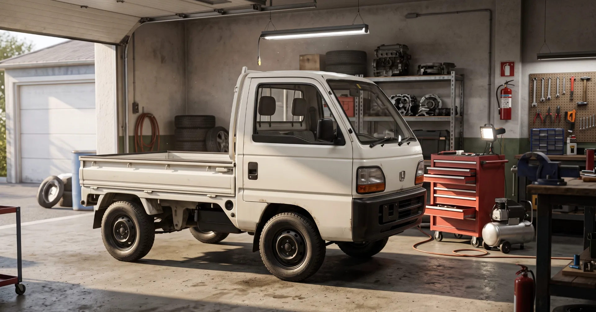 A clean white 1990s Japanese kei truck with black steel wheels and all-terrain tires parked inside an authentic enthusiast workshop garage.
