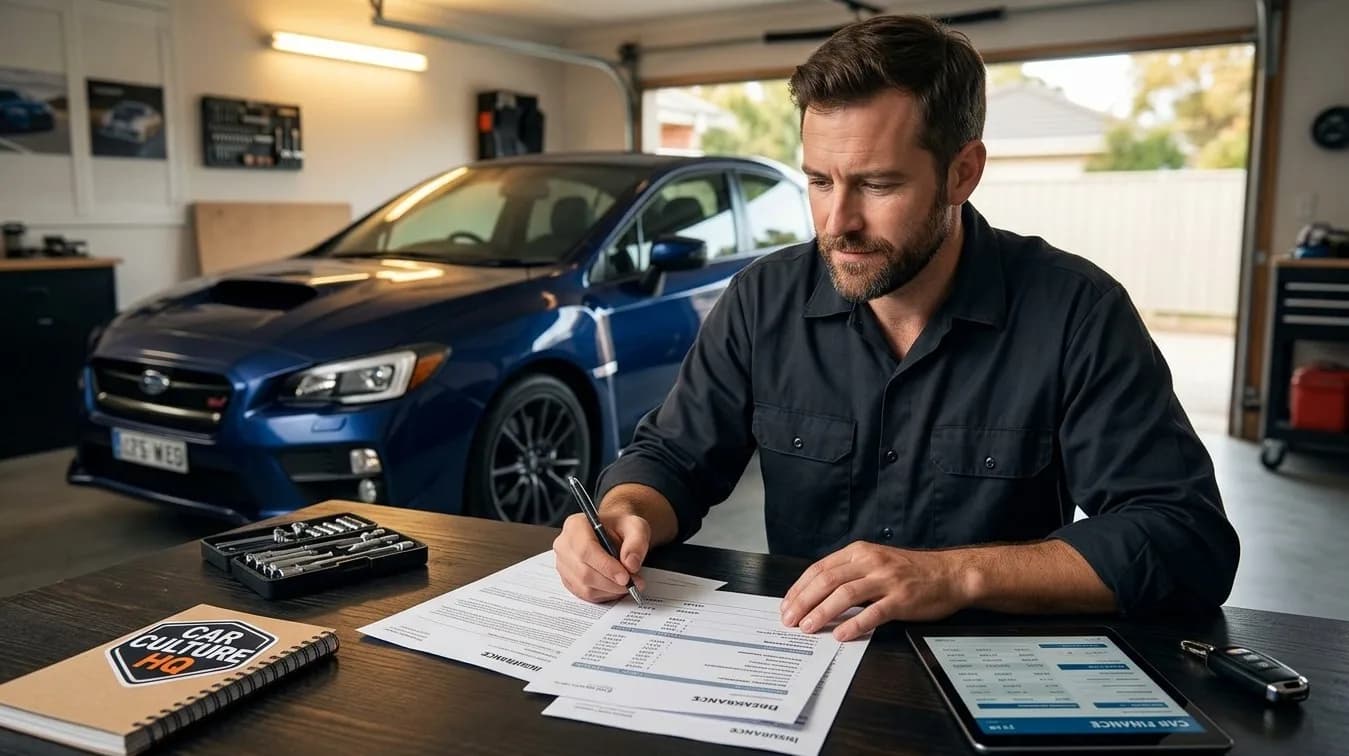 Reviewing Auto Insurance Rates and Policy Documents An automotive enthusiast reviewing vehicle insurance policy documents next to a clean sports car in a garage.