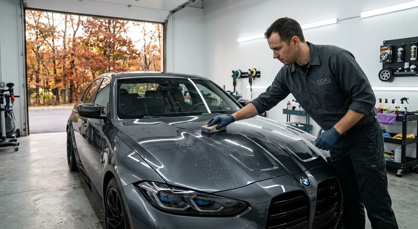 Professional Fall Ceramic Coating Application A detailed close-up of a high-end sports car receiving a ceramic coating application in a clean detailing studio.