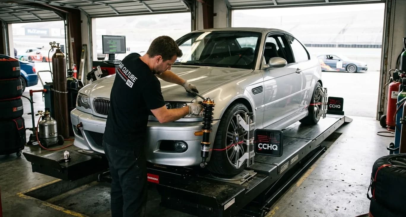 Track Suspension Alignment Tuning - Camber Caster Toe Setup A track-prepared sports car on an automated alignment rack in a racing pit shop with laser sensors attached to the wheels and suspension components visible.