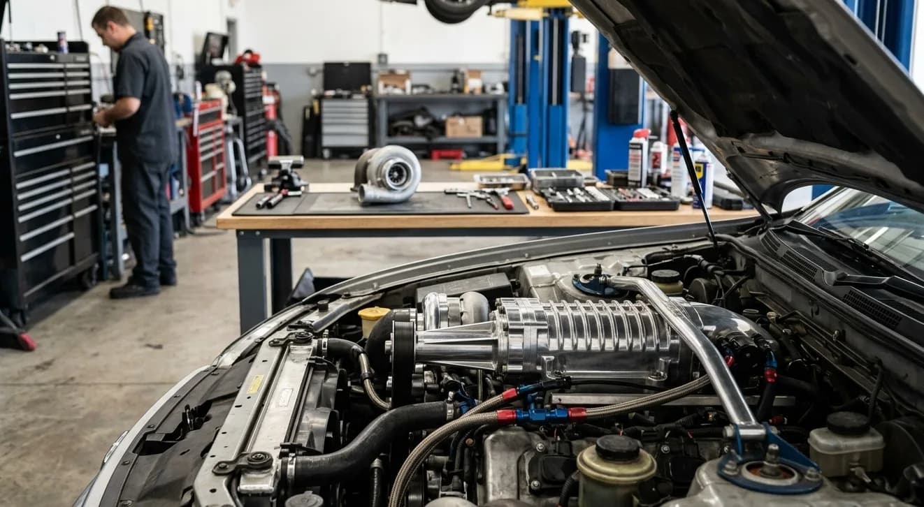 Supercharged vs Turbocharged Engine Performance Setup A high-performance engine bay featuring a twin-screw supercharger next to a turbocharger setup in a professional tuning shop.