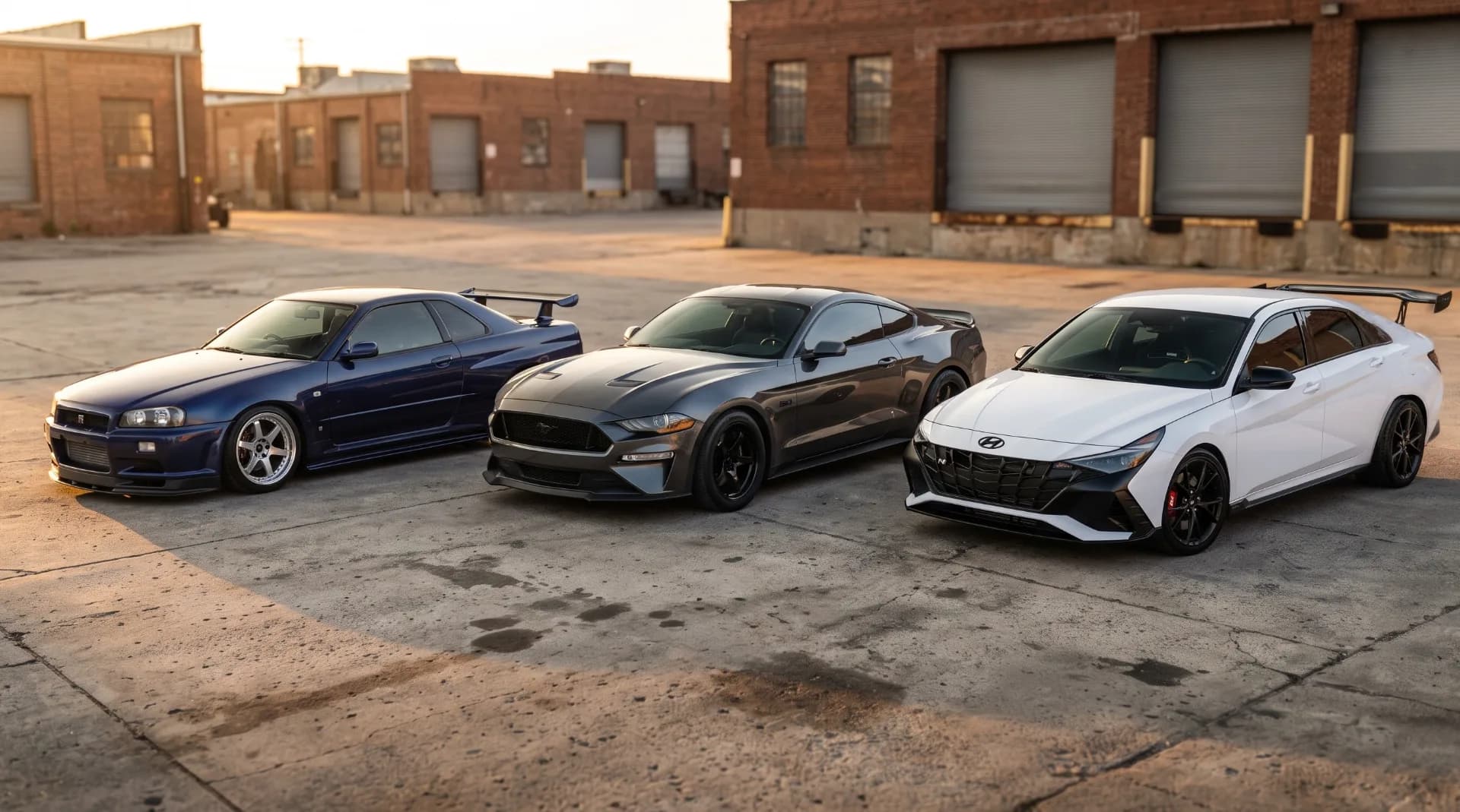 Three modified sports cars representing JDM, USDM, and KDM styles parked in an open industrial lot during golden hour.