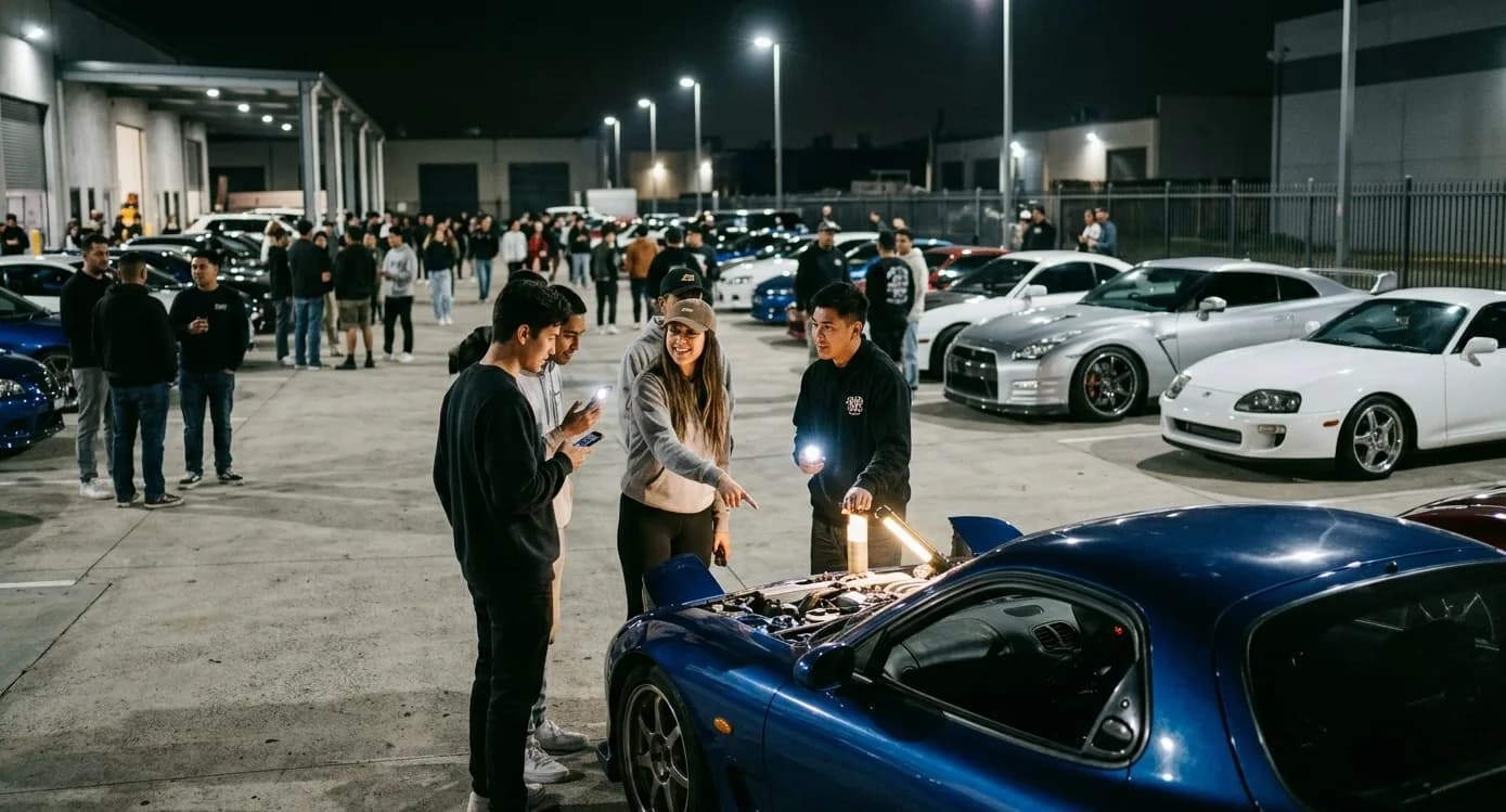 How Fast Furious Changed Car Culture Forever A group of diverse young car enthusiasts gather around a Mazda RX-7 at a late-night tuner meet, representing the community built by The Fast and the Furious movie.