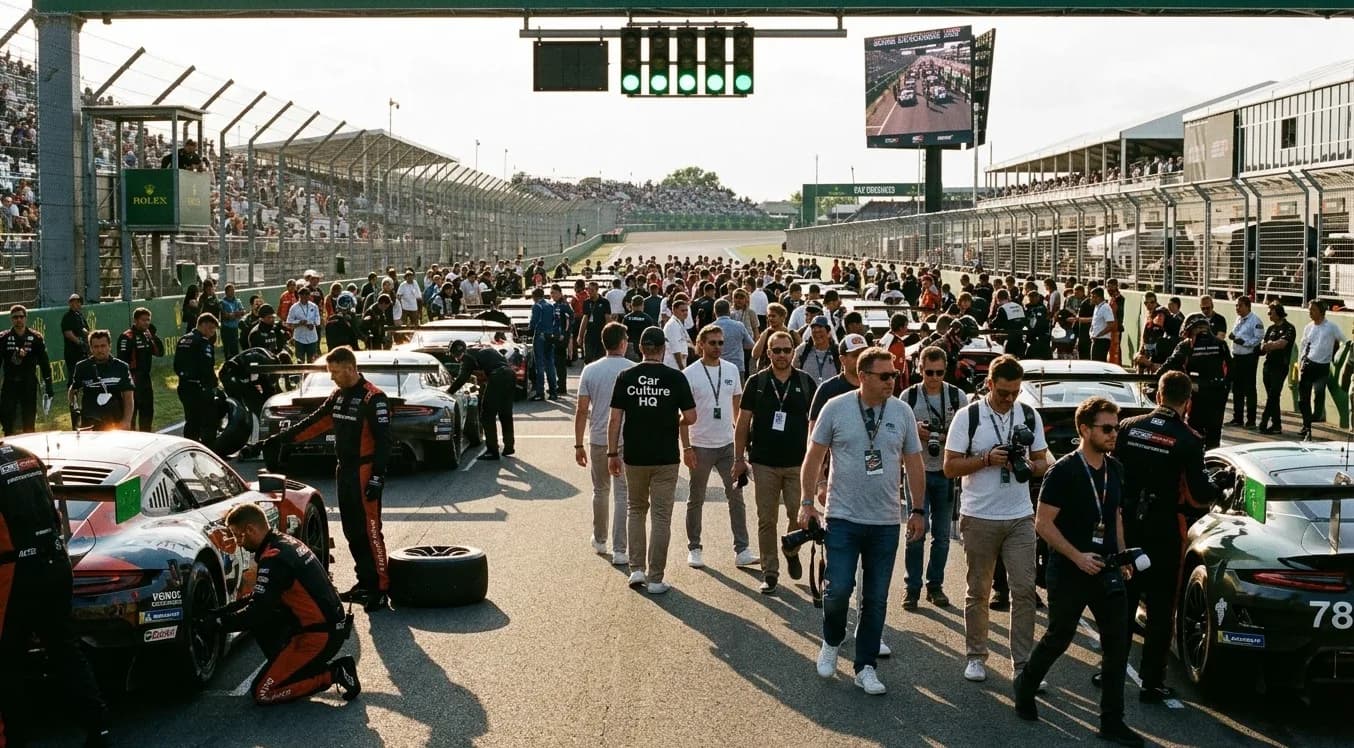 Pre-Race Grid Walk Tarmac Experience Automotive enthusiasts walking between race cars on the track during a pre-race grid walk.
