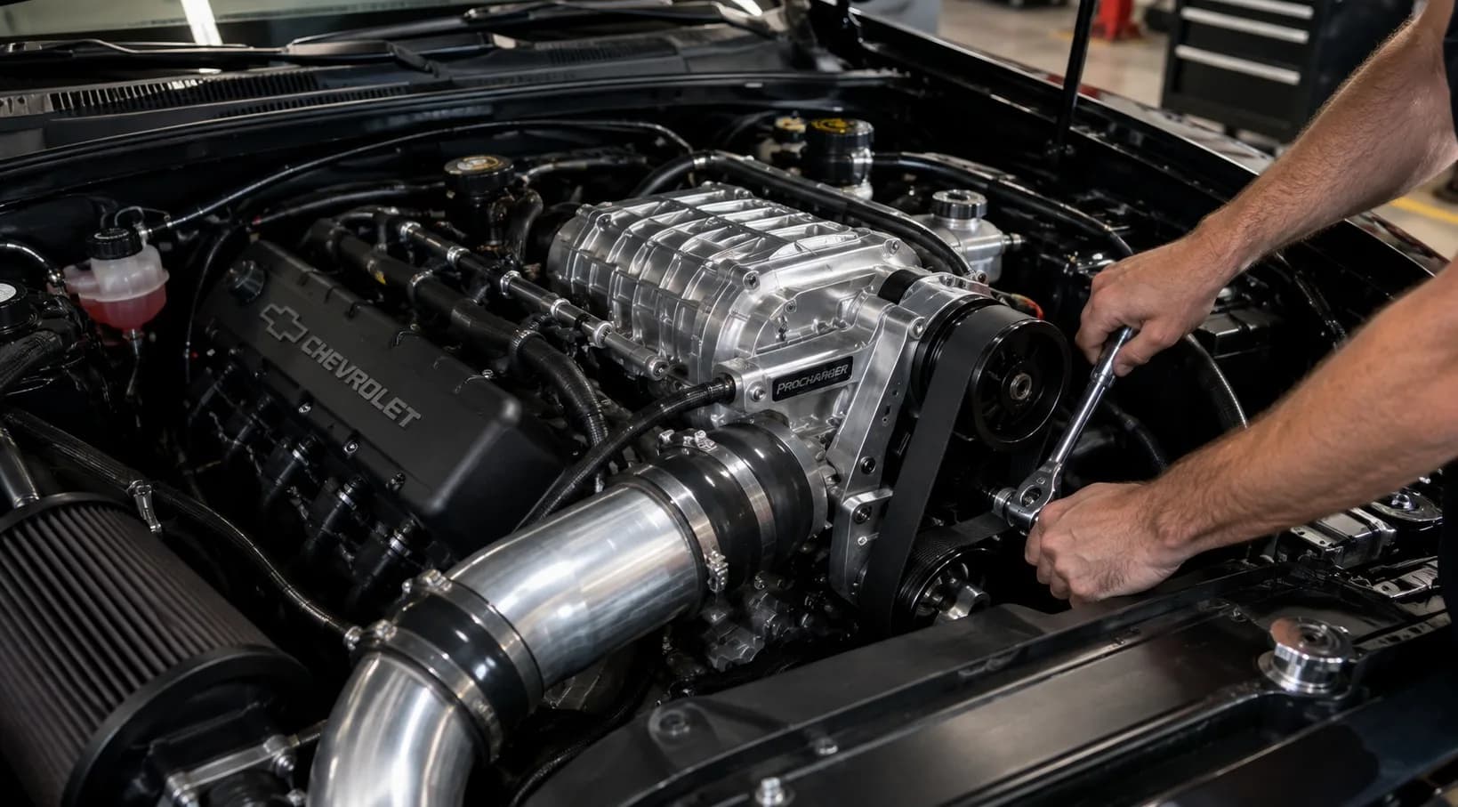 Turbocharger vs Procharger Engine Setup High performance V8 engine bay featuring a polished centrifugal Procharger system and custom piping.