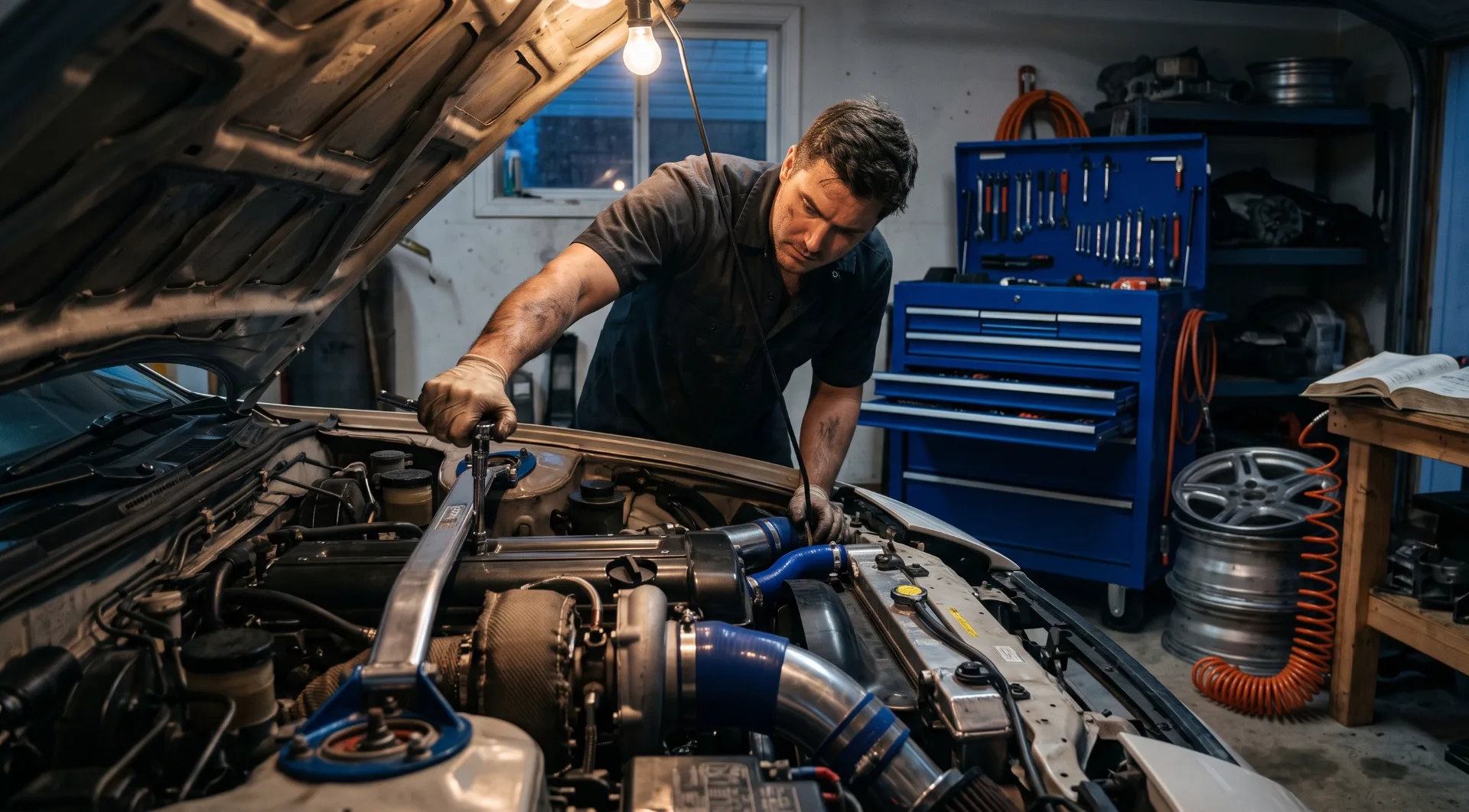 A mechanic in a dimly lit, authentic workshop leaning over the open engine bay of a classic modified car under warm shop lights.