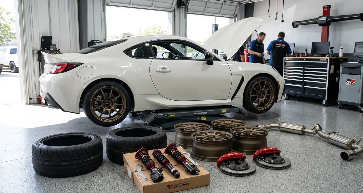 First 10 Car Mods - Realistic Performance Order of Operations A clean performance sports car sitting inside an automotive workshop with aftermarket tires, lightweight wheels, brake upgrades, and suspension components laid out on the floor nearby.