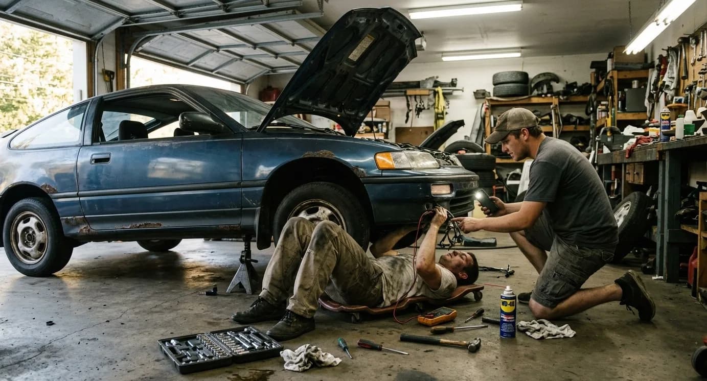 Mechanic Lying Under Dark Blue Honda CRX Beater A GREASY mechanic lies on his back under a dark blue 1989 Honda CRX, on jack stands, tracing an electrical gremlin with a friend helping. Cluttered garage environment, realistic lighting.
