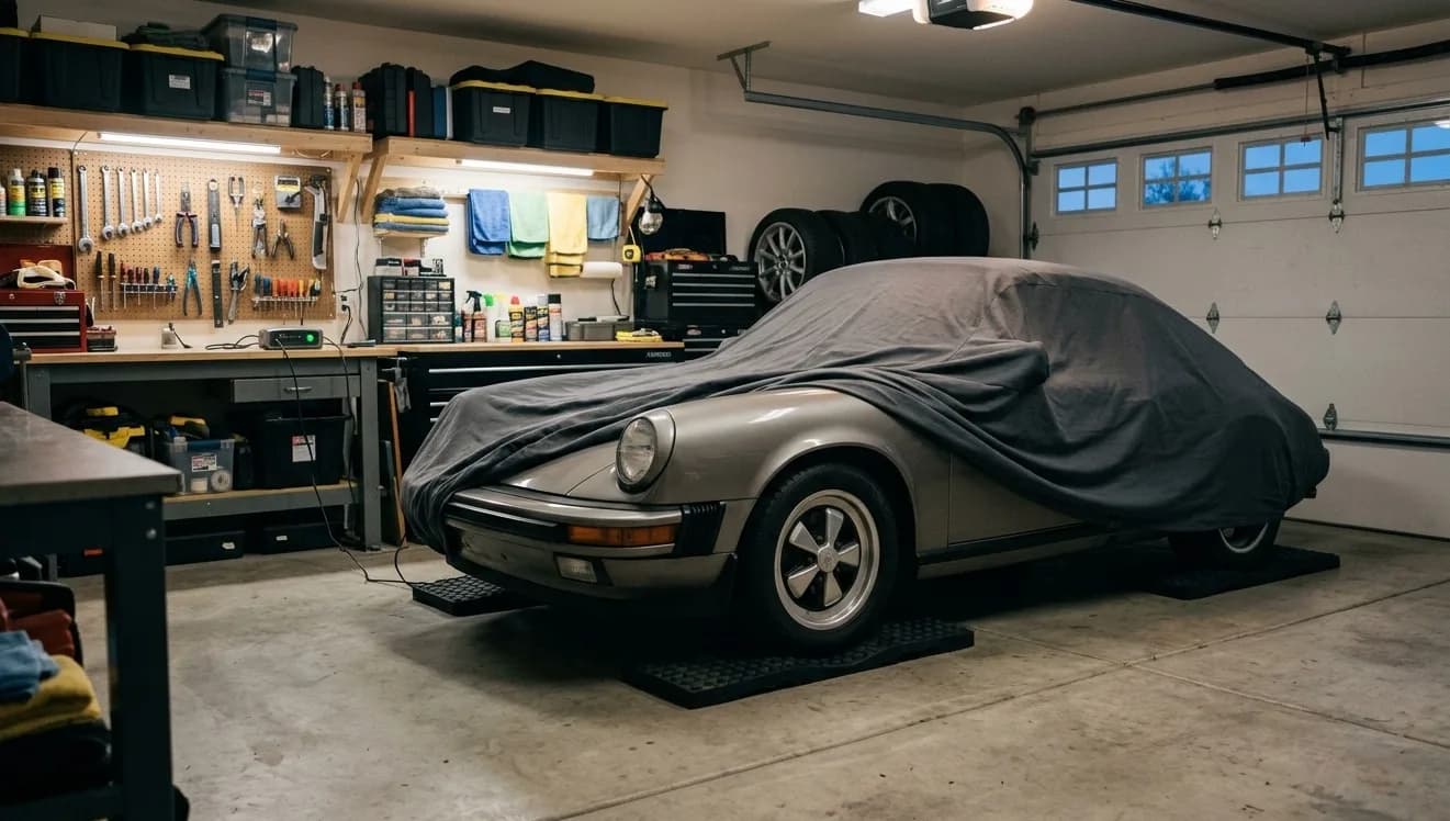 A clean project car covered with a breathable indoor car cover on rubber floor mats inside a well-lit residential garage with battery tender attached.
